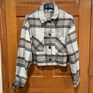 STUNN'D Women's L Cropped Cream Brown Plaid Fleece Button Shirt Jacket Shacket